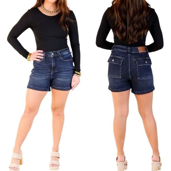 Judy Blue High Rise Jean Shorts Dark Wash Back Flap Pocket Stretch Denim NWT - Picture 5 of 11